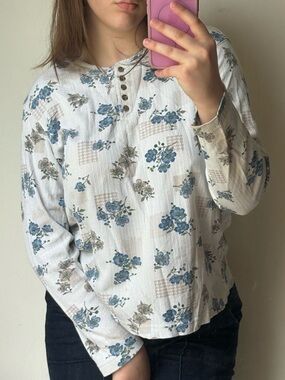 Blue Floral Button-Front Henley Top - Women